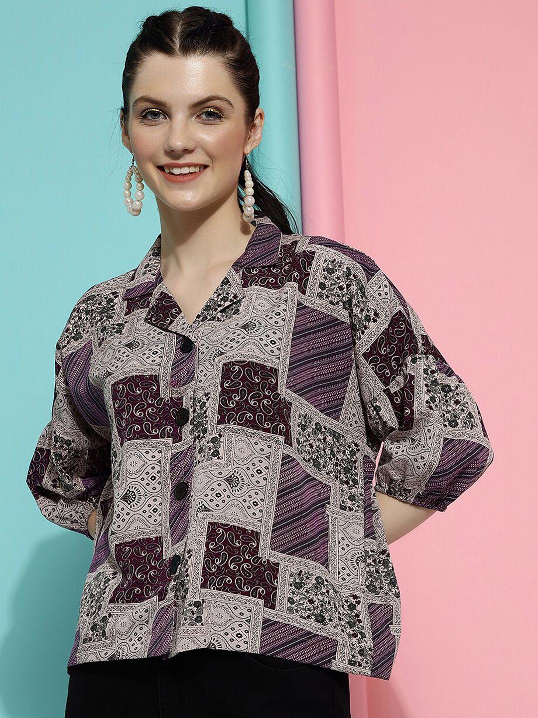 clemira magenta geometric print roll-up sleeves crepe shirt style top
