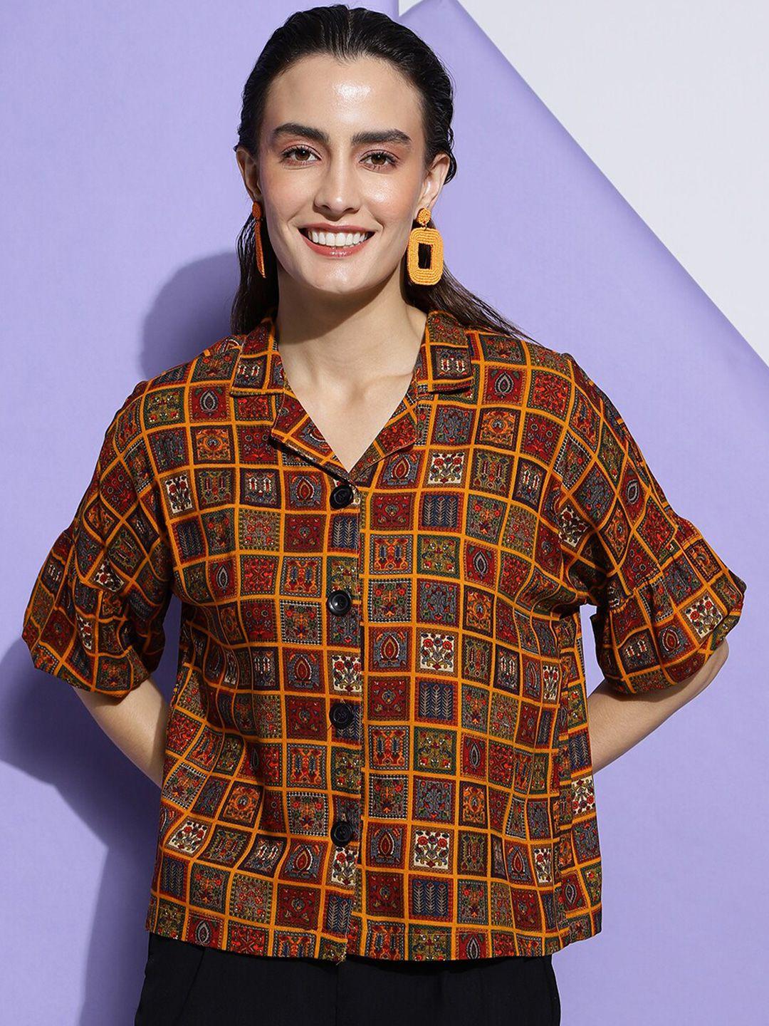 clemira mustard yellow print roll-up sleeves ethnic georgette shirt style top