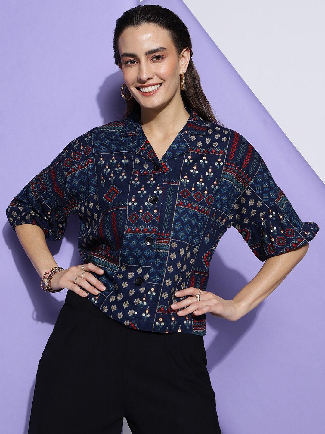 clemira navy blue geometric print roll-up sleeves georgette shirt style top