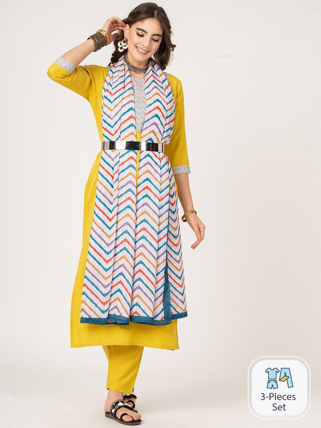 clemira printed kurta with trousers & dupatta