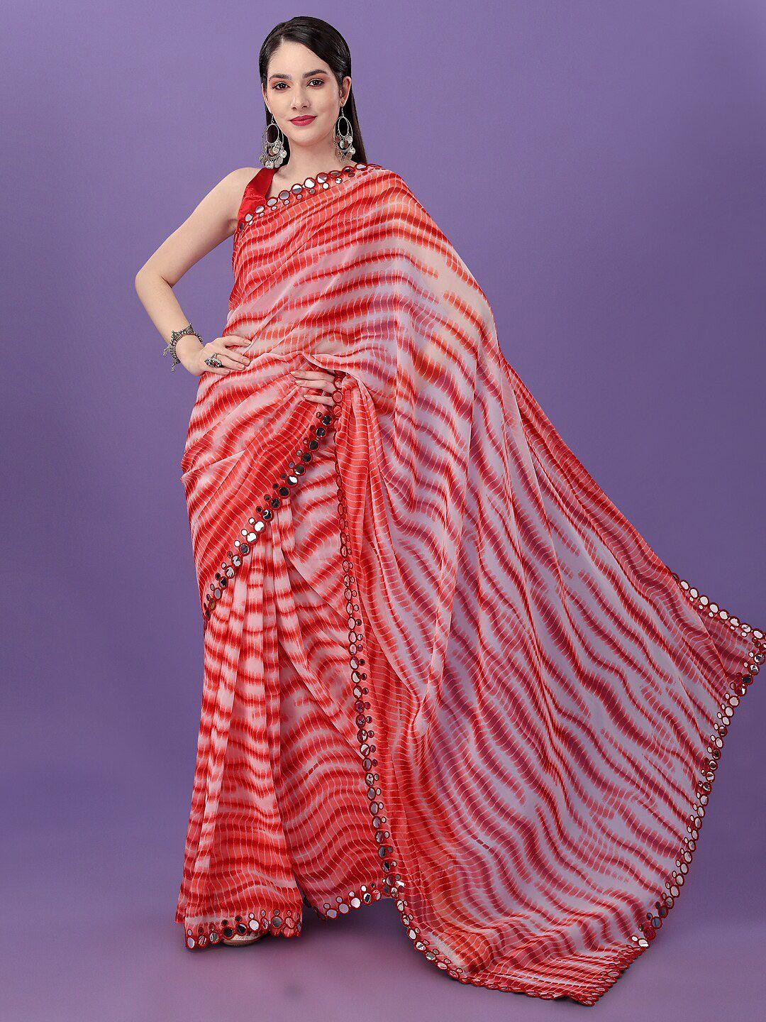 clemira printed mirror work satin leheriya saree