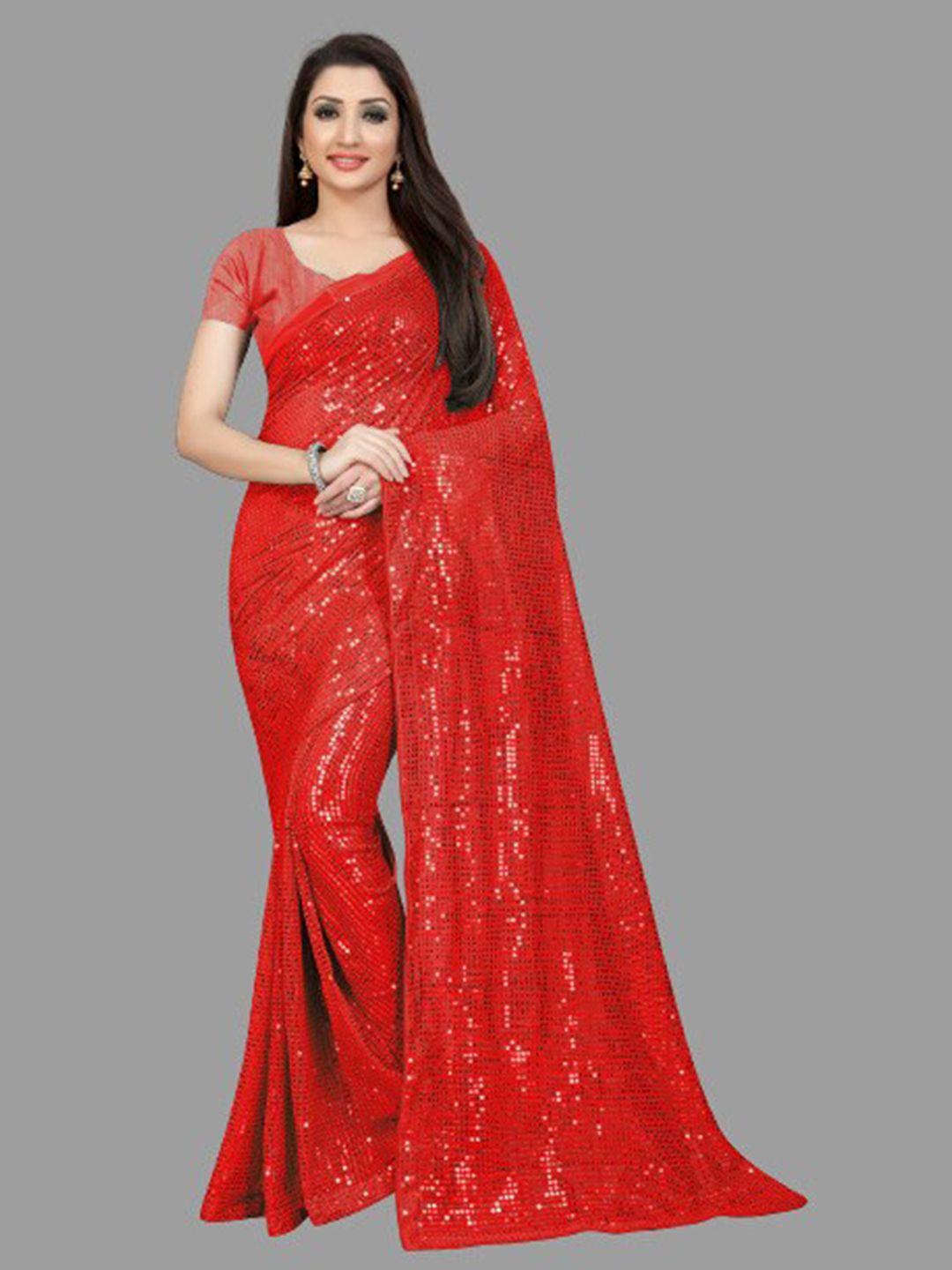 clemira red embellished sequinned saree