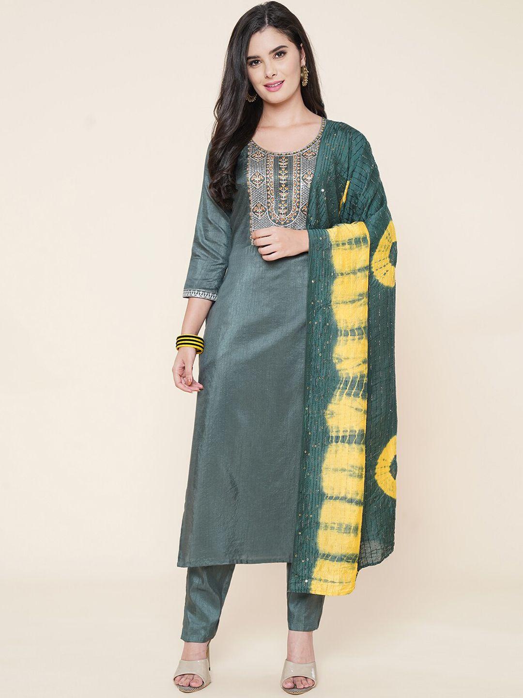 clemira round neck ethnic motifs embroidered regular kurta & salwar with dupatta