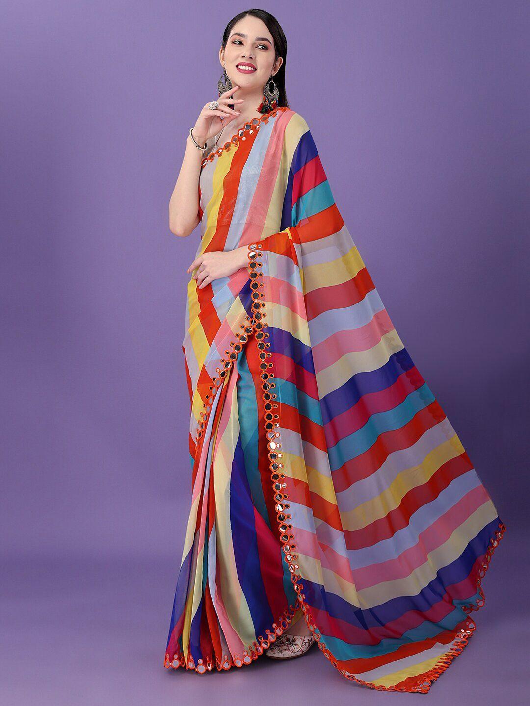 clemira striped mirror work satin leheriya saree