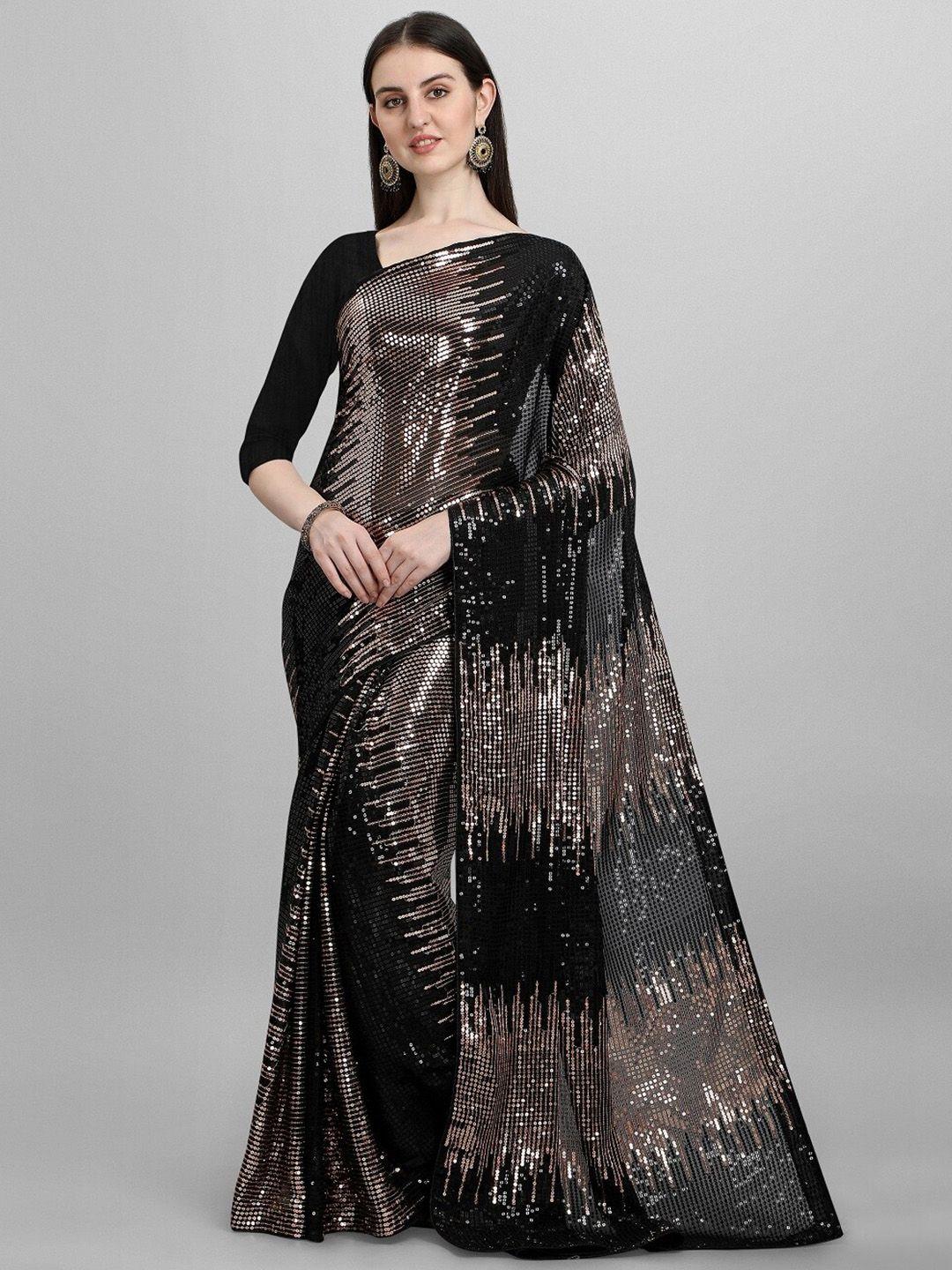 clemira women black & copper-toned embellished sequins georgette saree