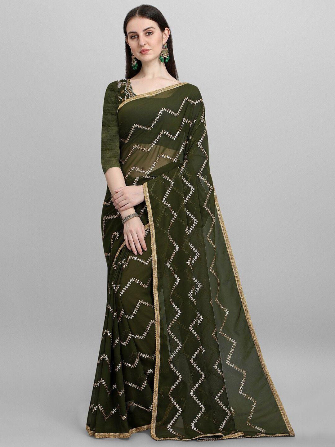 clemira women olive green and golden sequiens leheriya embroidery pure georgette saree