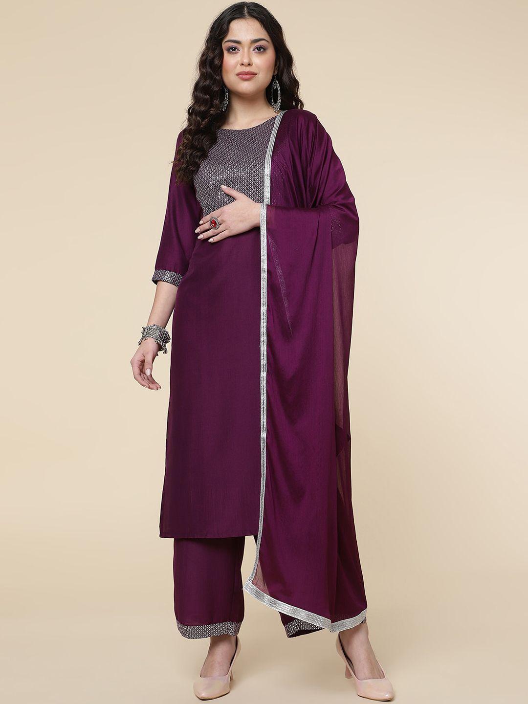 clemira yoke design sequinned straight kurta & palazzos with dupatta