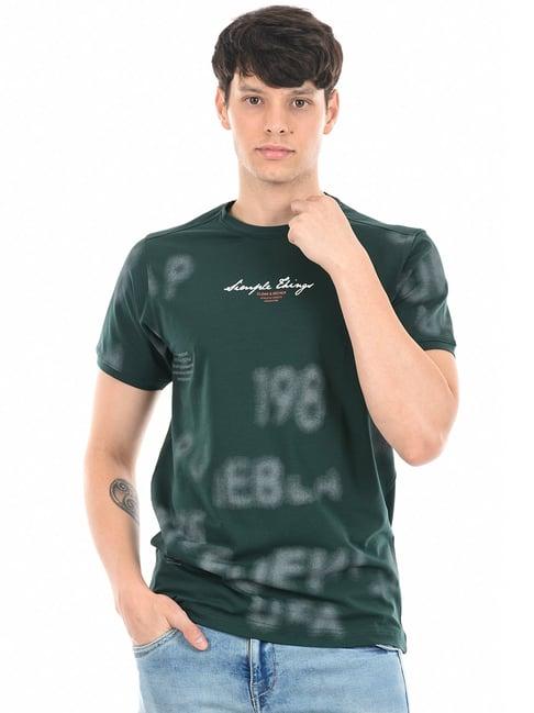 cloak & decker by monte carlo dark green regular fit printed crew t-shirt