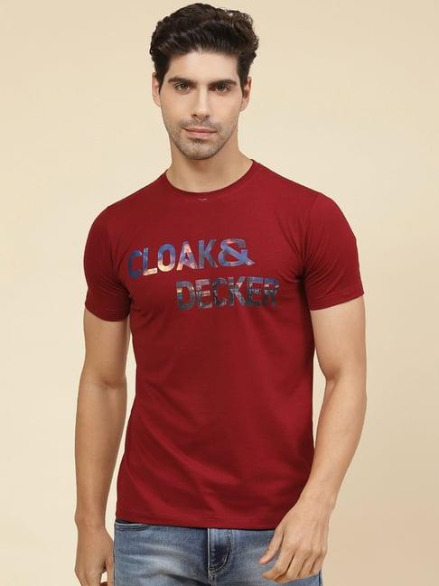 cloak & decker by monte carlo maroon regular fit printed crew t-shirt
