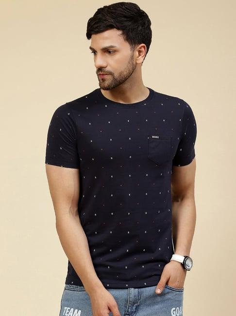 cloak & decker by monte carlo navy regular fit printed crew t-shirt