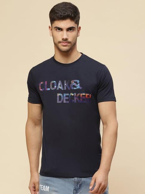cloak & decker by monte carlo navy regular fit printed crew t-shirt