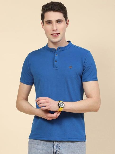 cloak & decker by monte carlo royal blue regular fit mandarin collar t-shirt