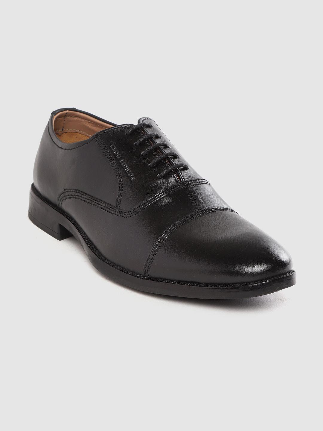 clog london men black solid leather formal oxfords with thread work detail