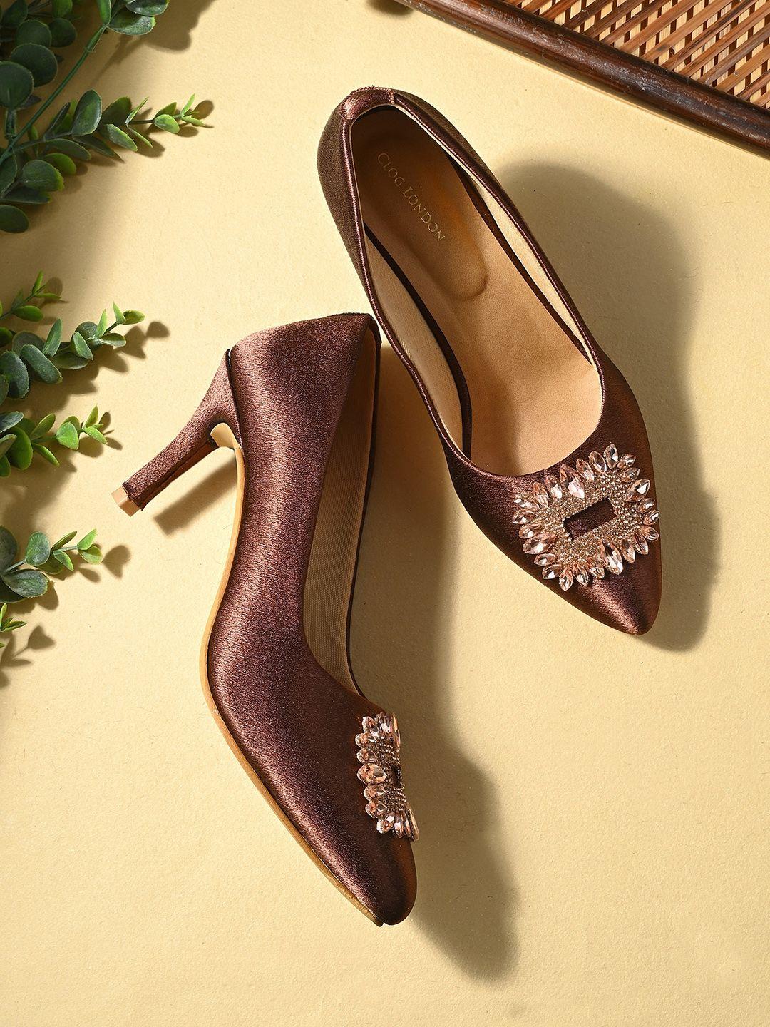 clog london brown embellished stiletto pumps