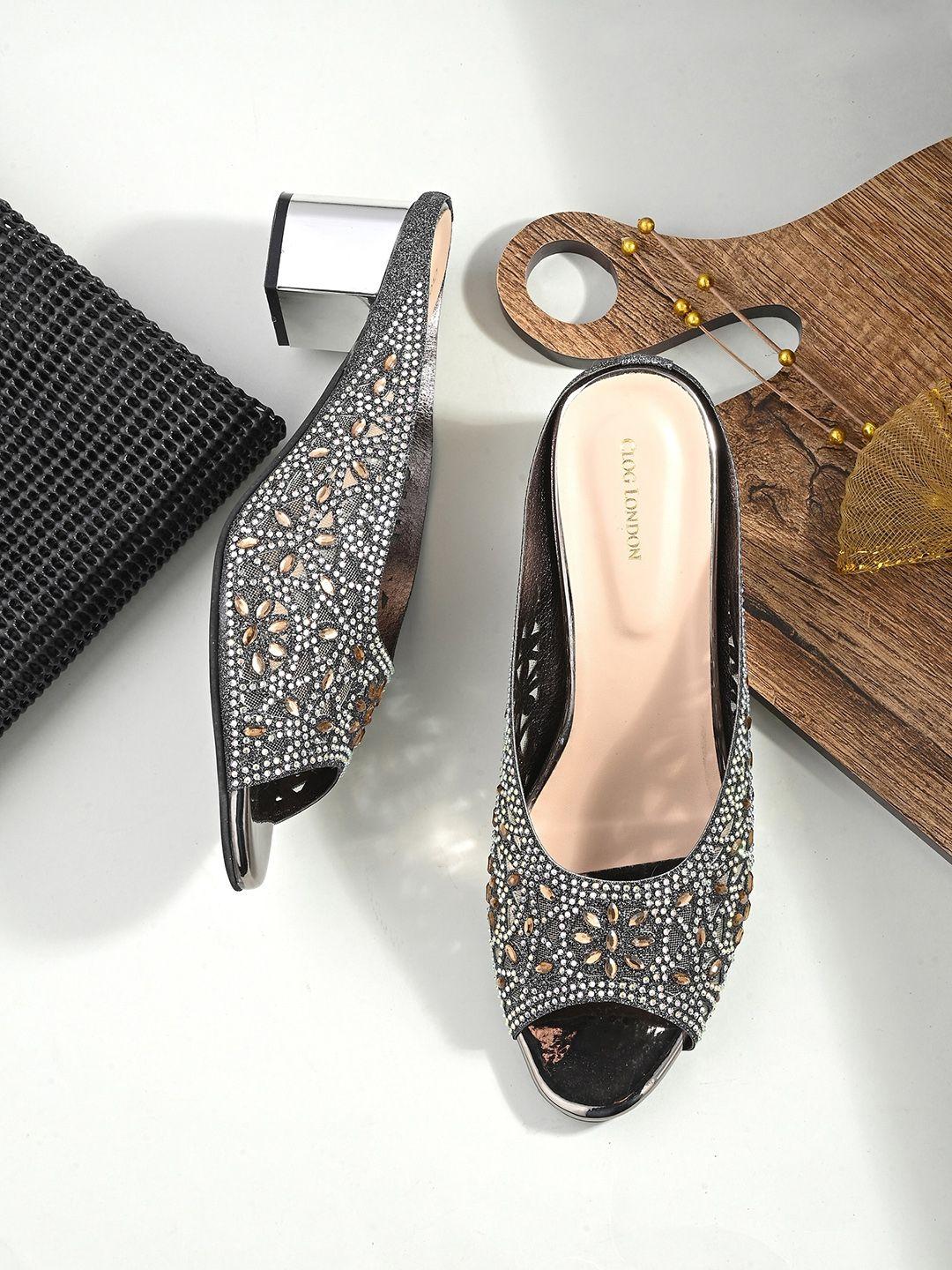 clog london grey embellished stiletto peep toes