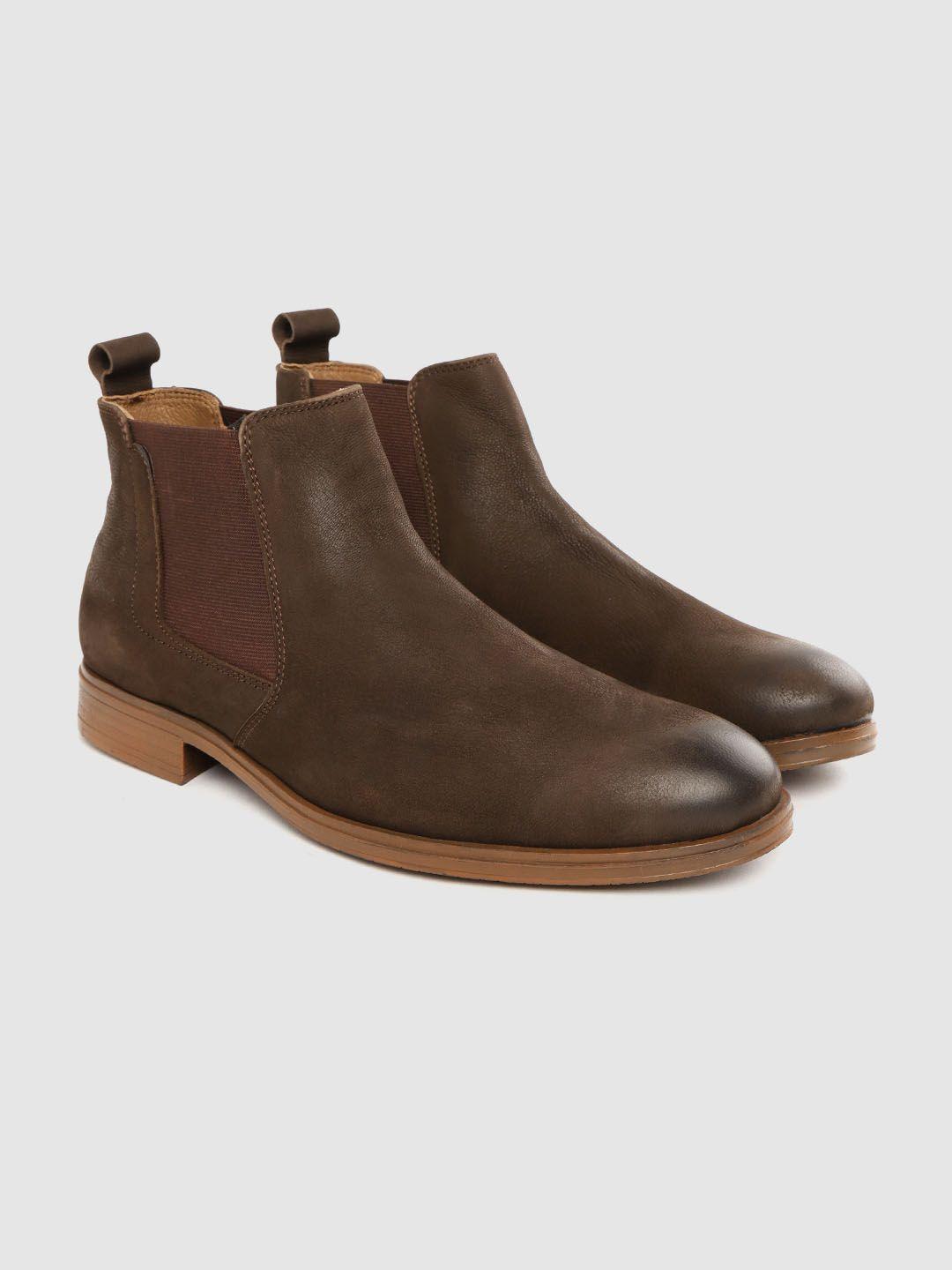 clog london men coffee brown solid leather mid-top chelsea boots