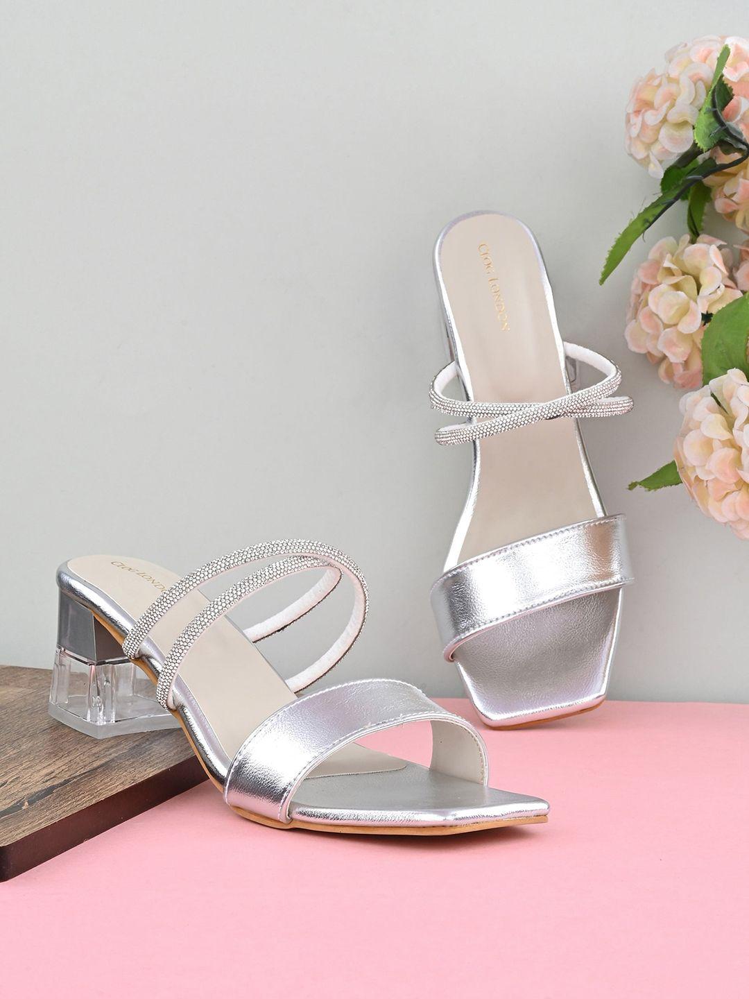 clog london silver-toned embellished block sandals