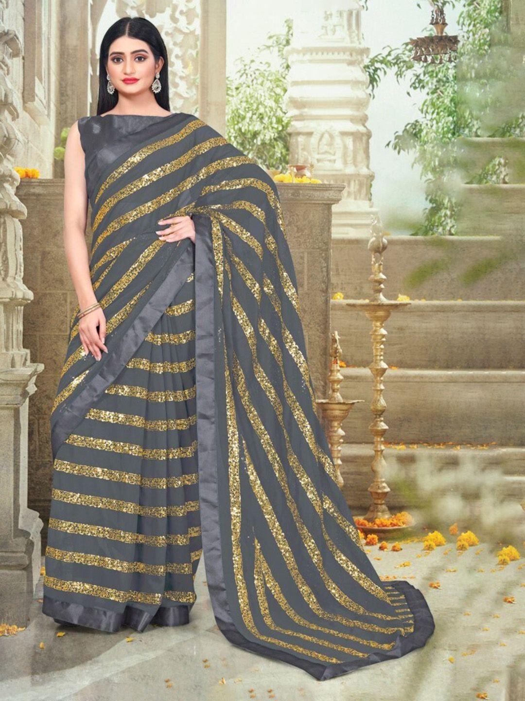 clomita grey & gold-toned striped sequinned saree