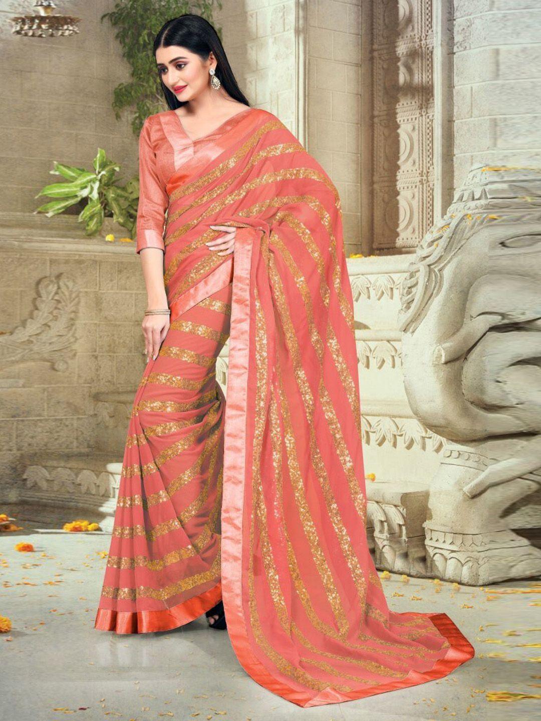 clomita peach-coloured & gold-toned embellished sequinned pure georgette saree