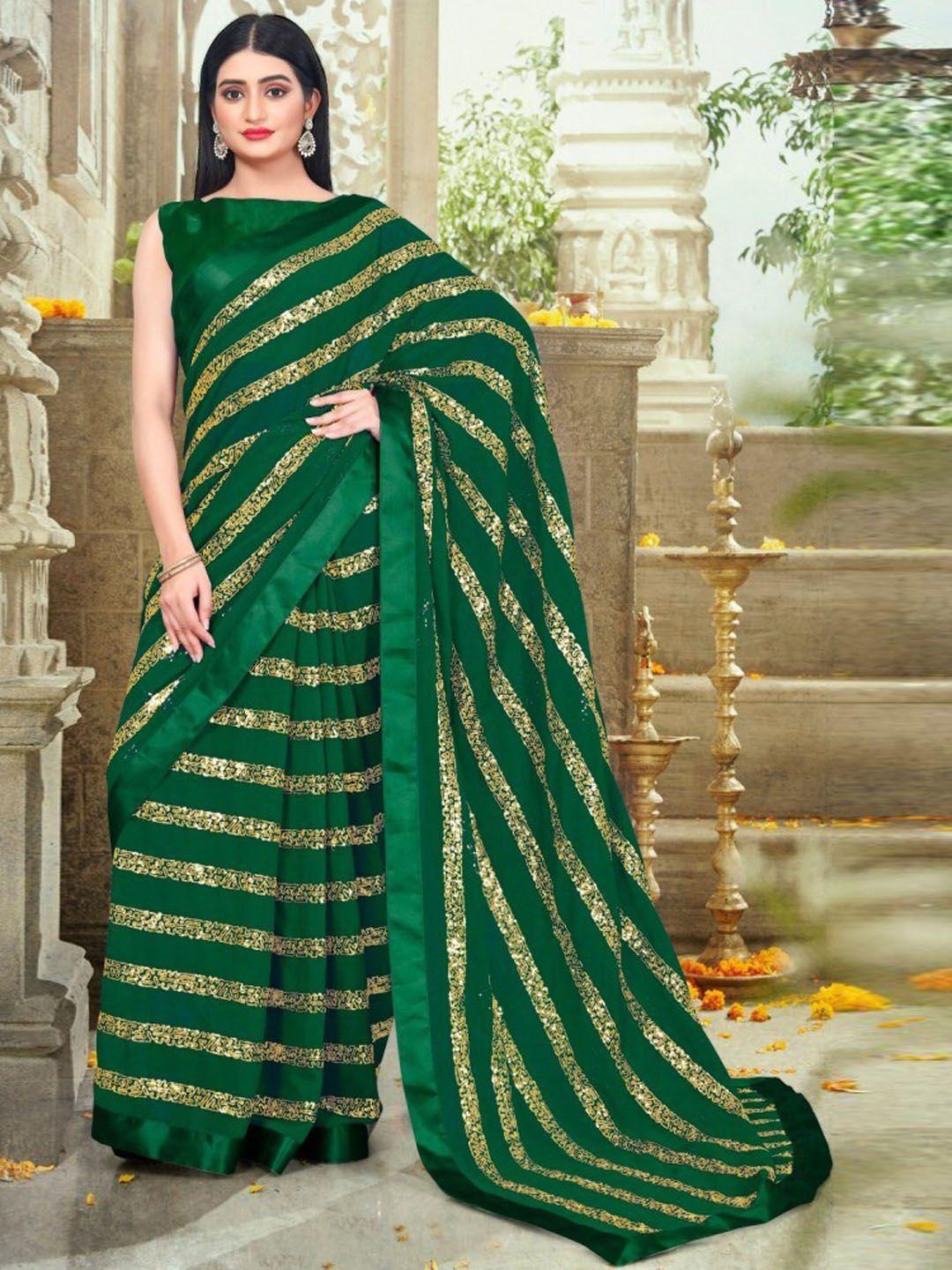 clomita green & golden striped sequinned saree