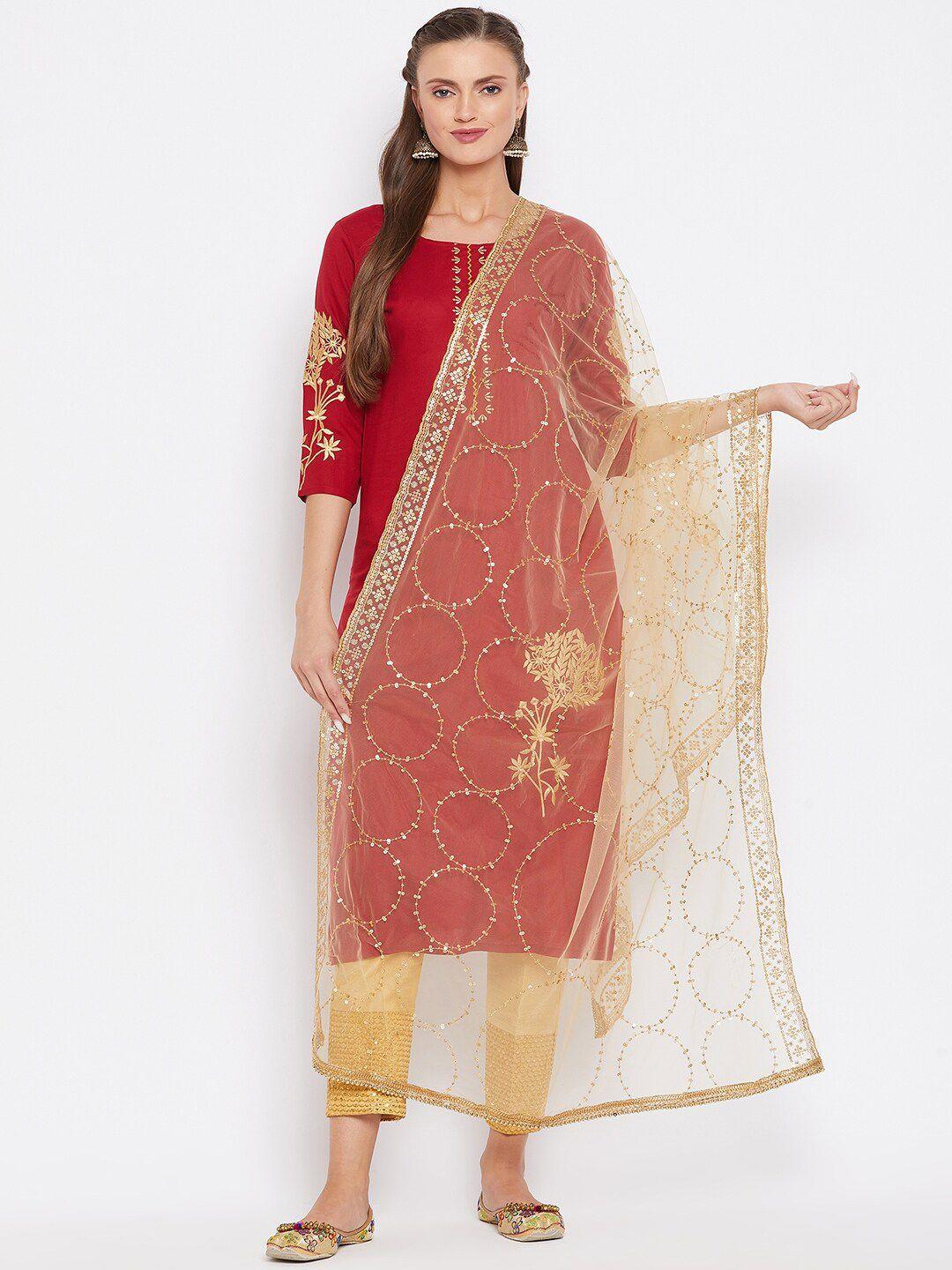 clora creation beige & gold-toned embroidered dupatta with sequinned