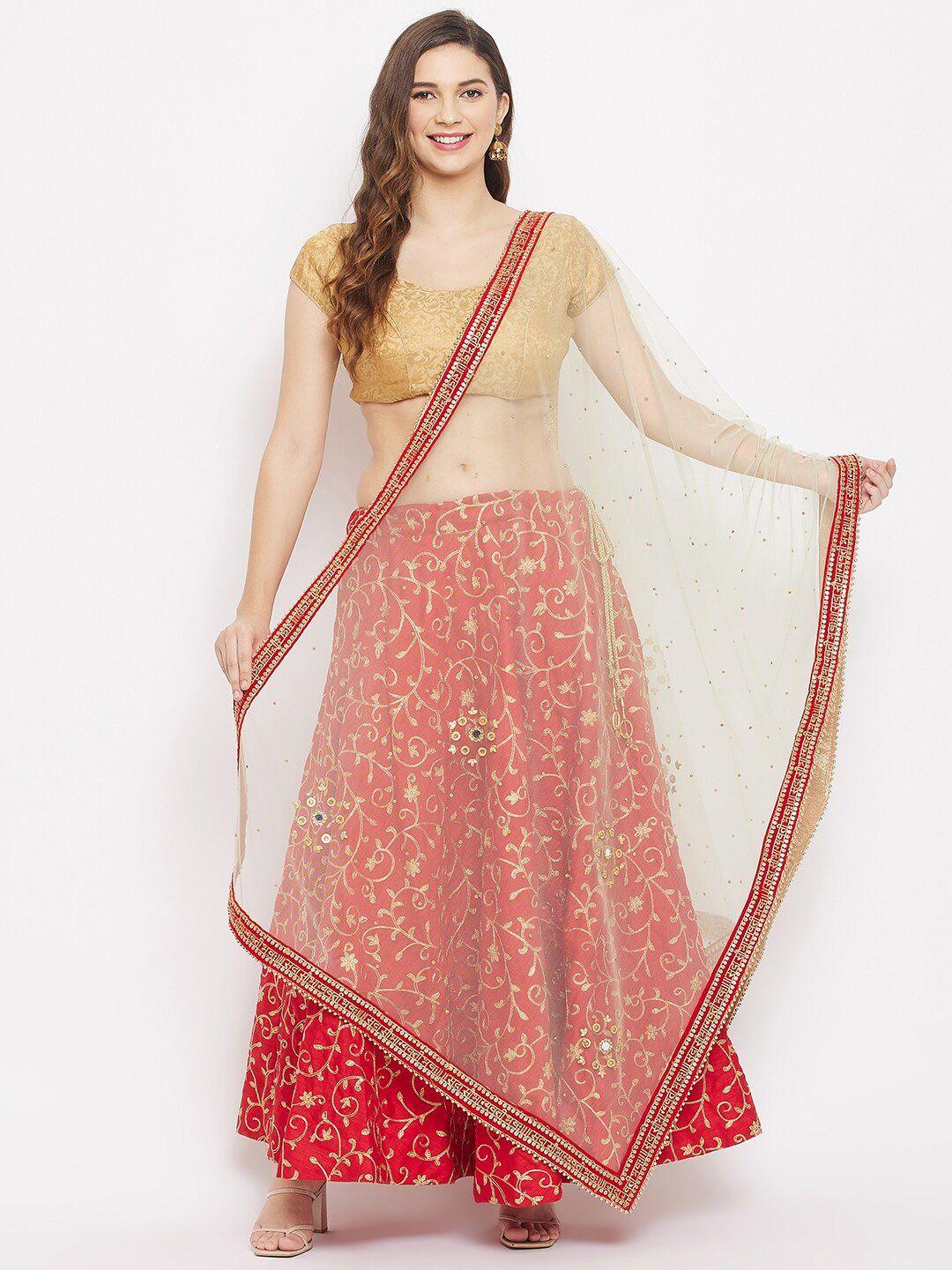 clora creation beige & red ethnic motifs embroidered net dupatta with beads and stones