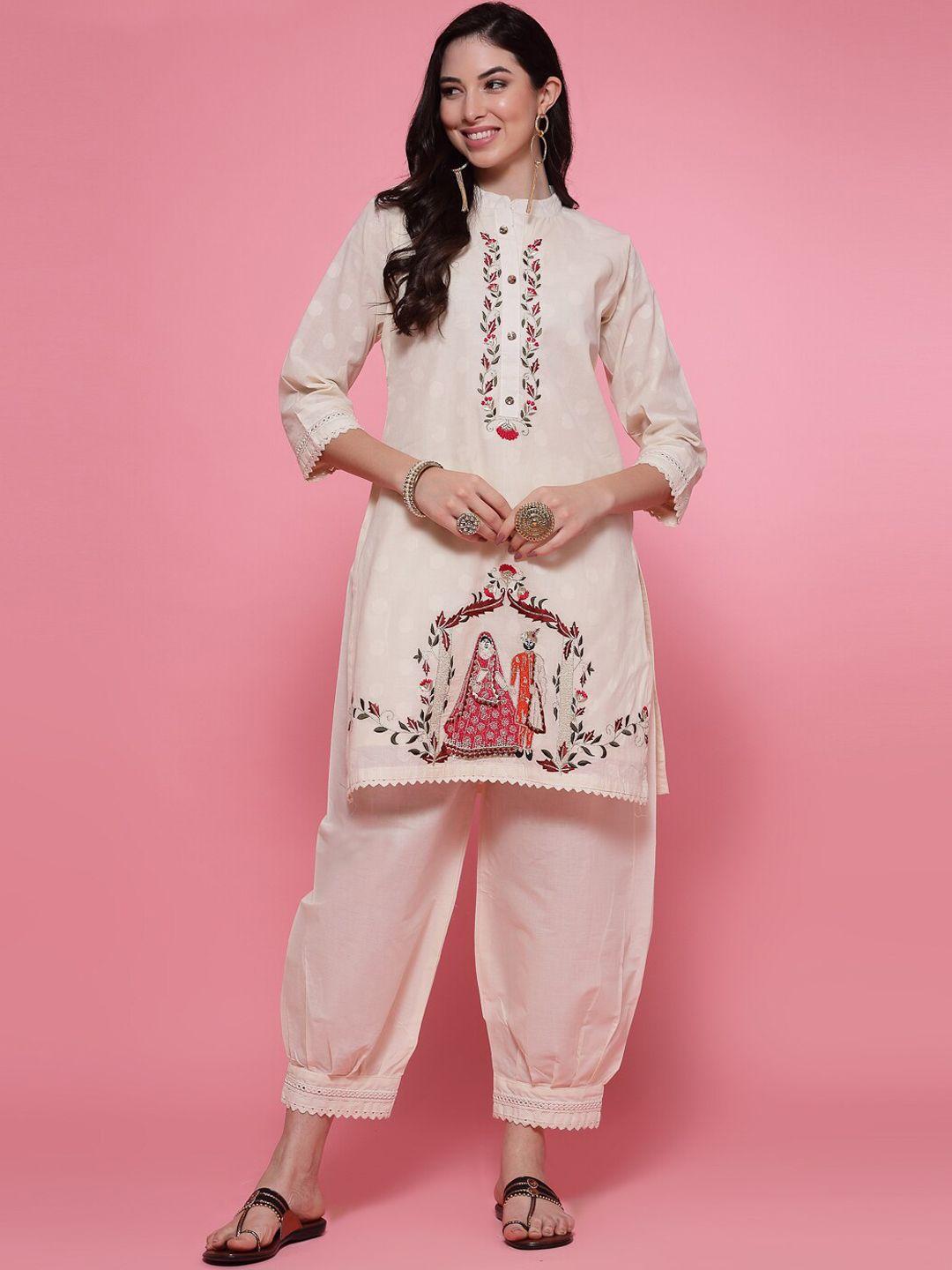 clora creation cotton embroidered mandarin collar tunic & afghani trouser pant co-ords set