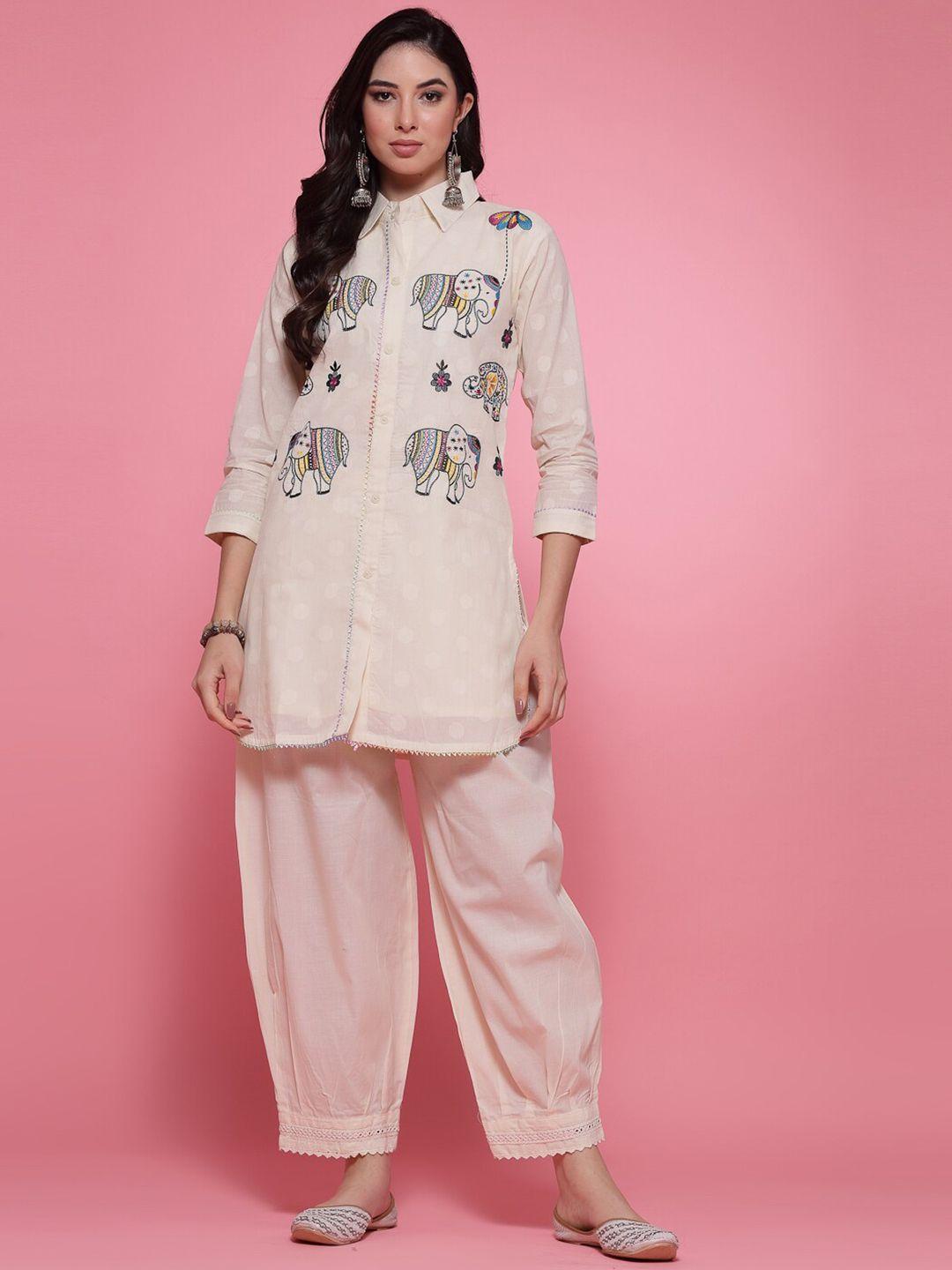clora creation cotton embroidered pure cotton tunic & afghani trouser pant co-ords set