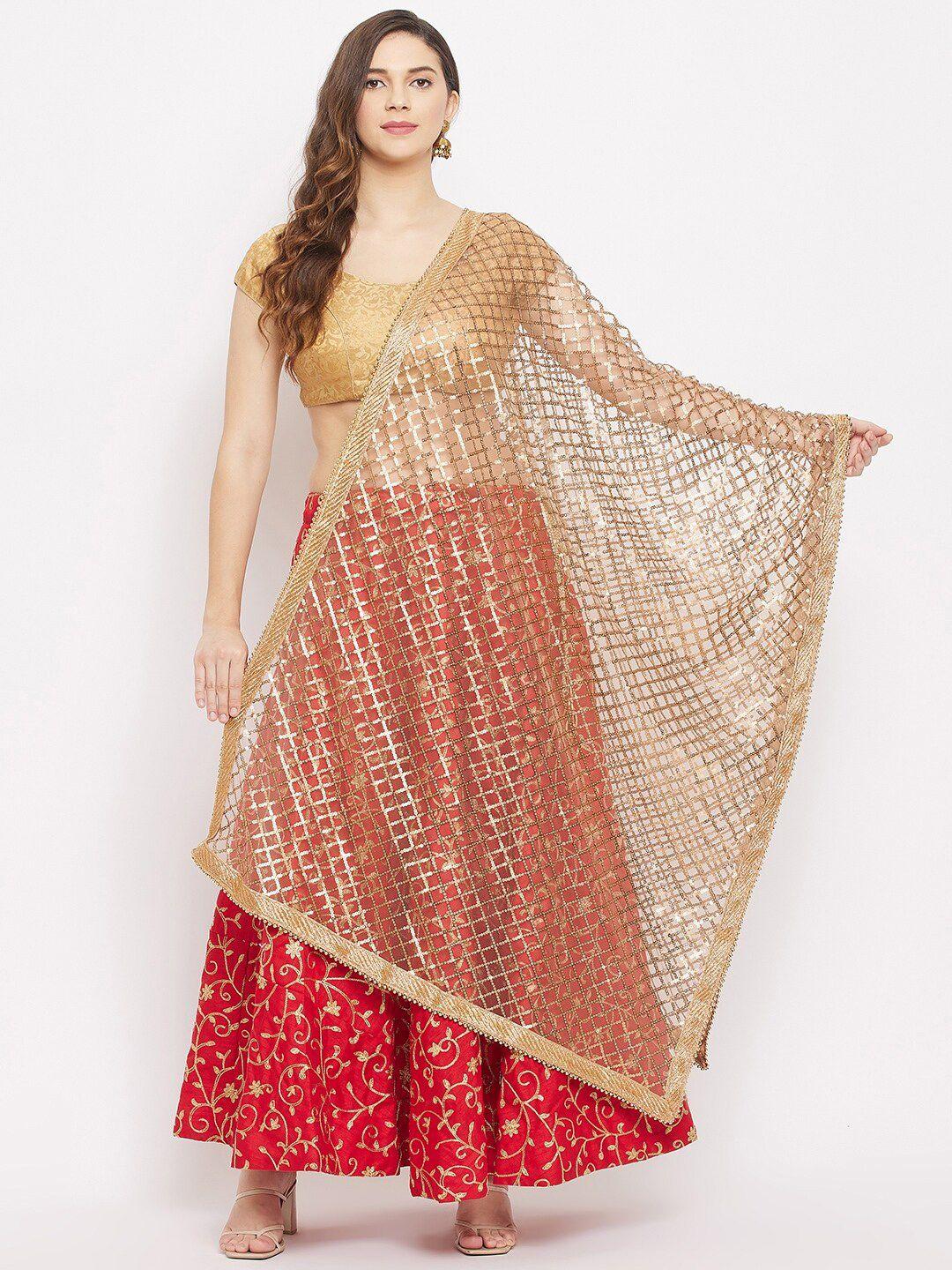 clora creation gold ethnic motifs embroidered dupatta with sequinned