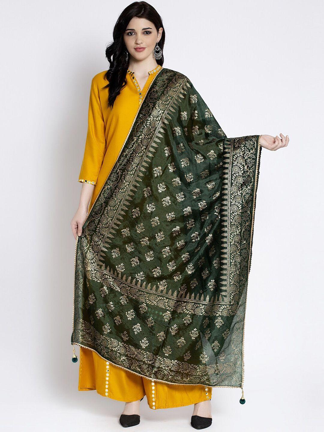clora creation green & gold-colored printed silk dupatta