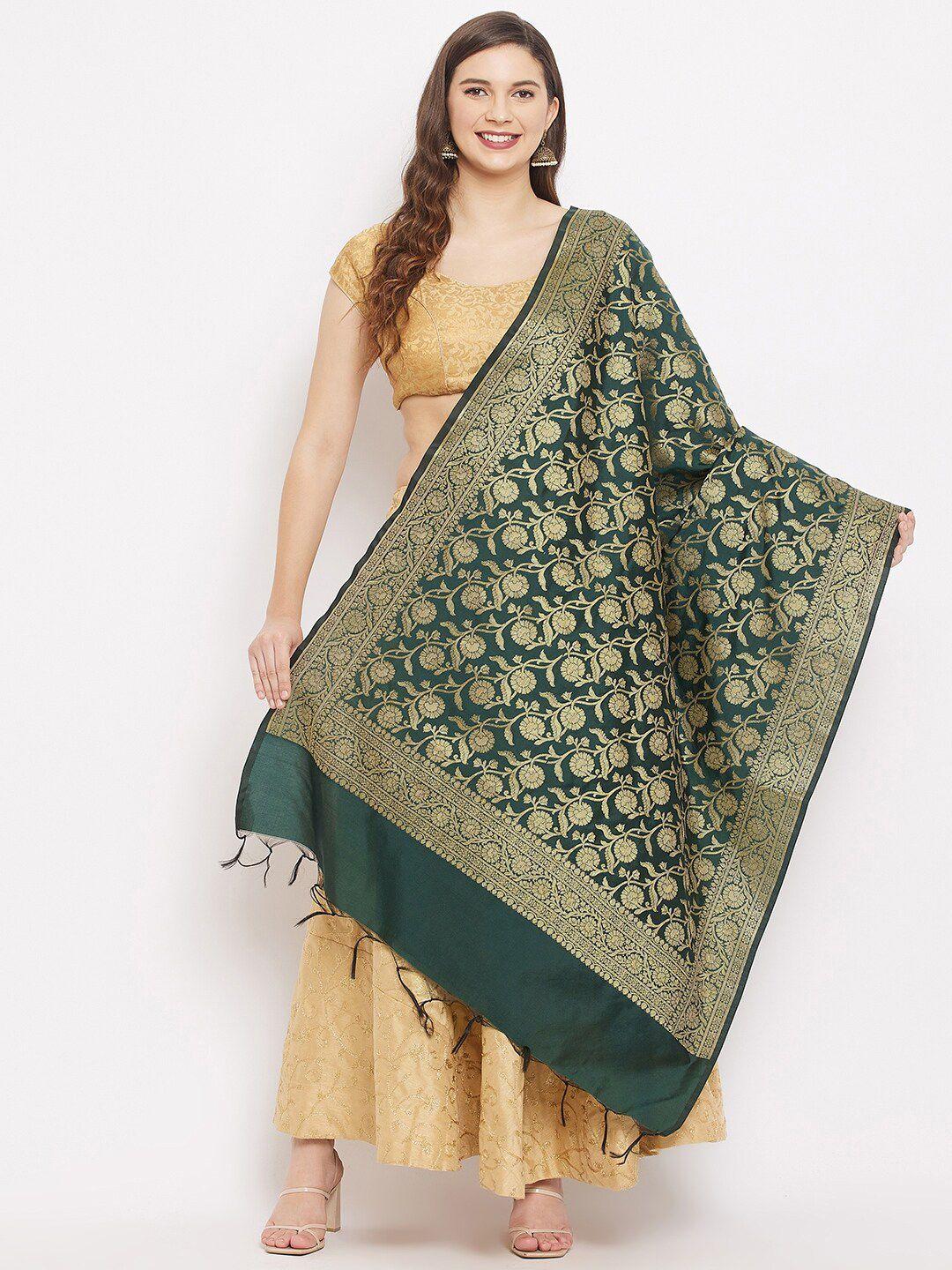 clora creation green & gold-toned ethnic motifs woven design dupatta with zari