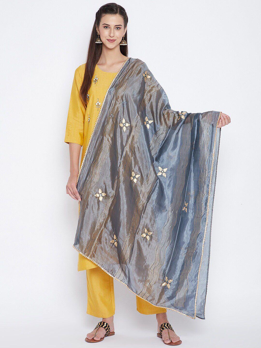 clora creation grey & gold-toned embroidered dupatta