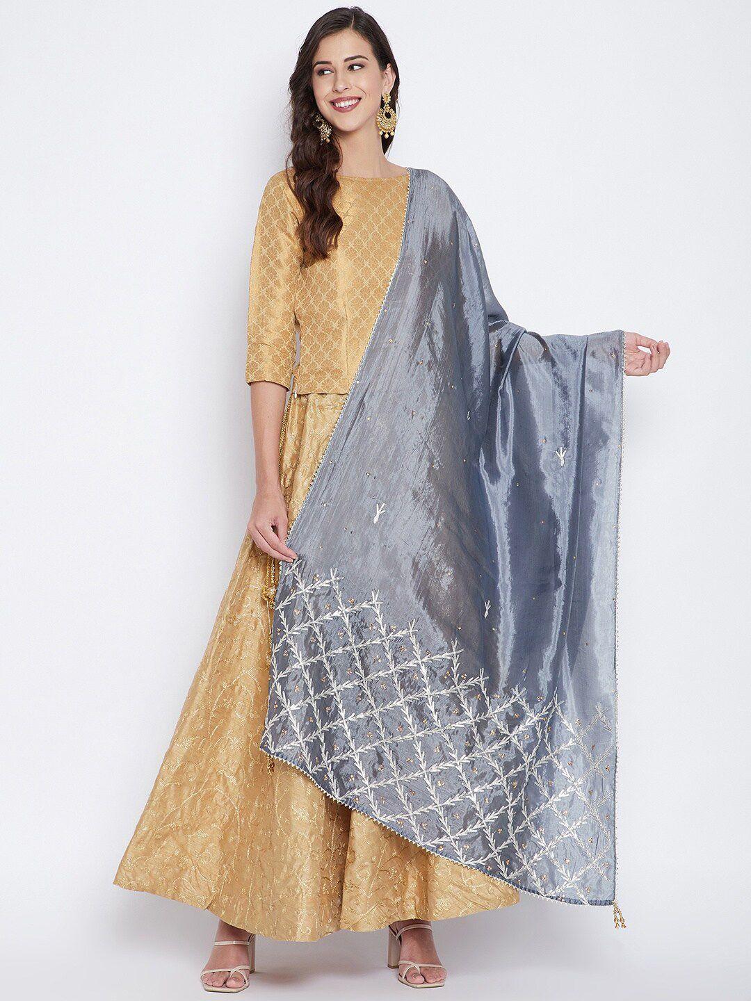 clora creation grey & white embroidered dupatta with sequinned