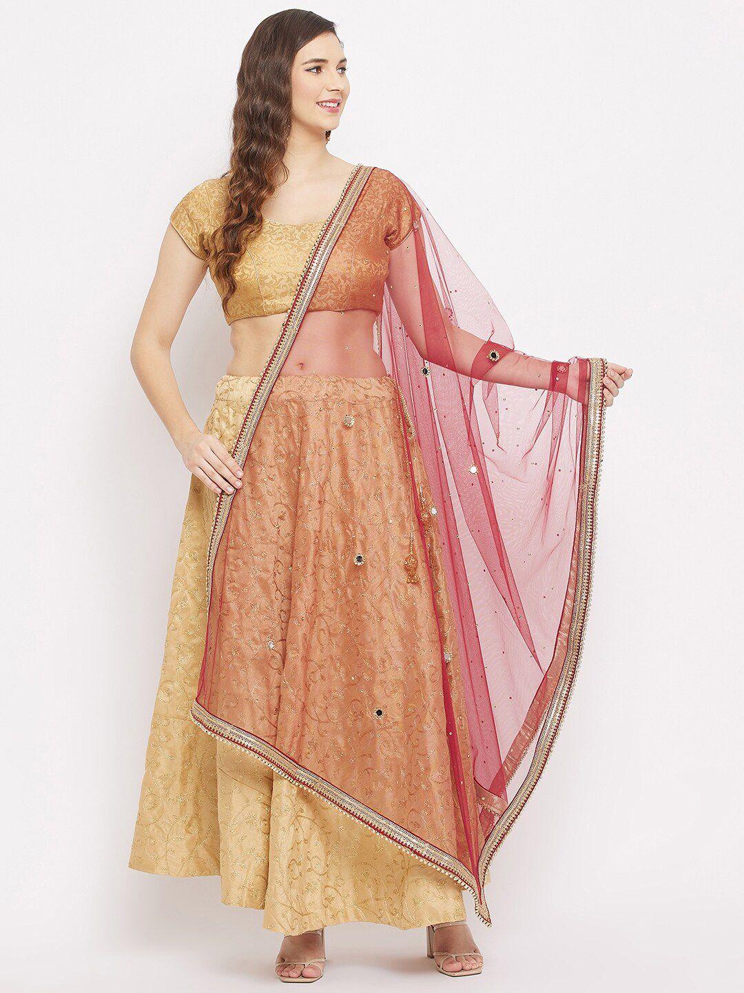 clora creation maroon & gold-toned ethnic motifs embroidered dupatta with beads and stones