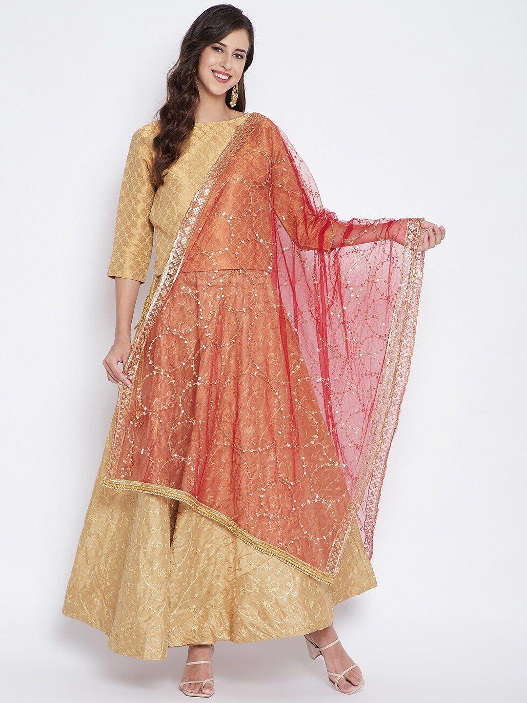 clora creation maroon & gold-toned geometric embroidered dupatta with sequinned