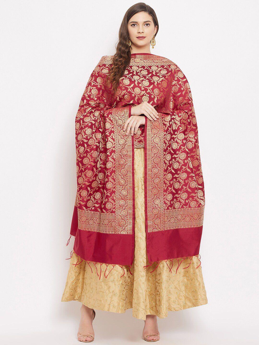 clora creation maroon & gold-toned woven design banarasi silk dupatta with zari