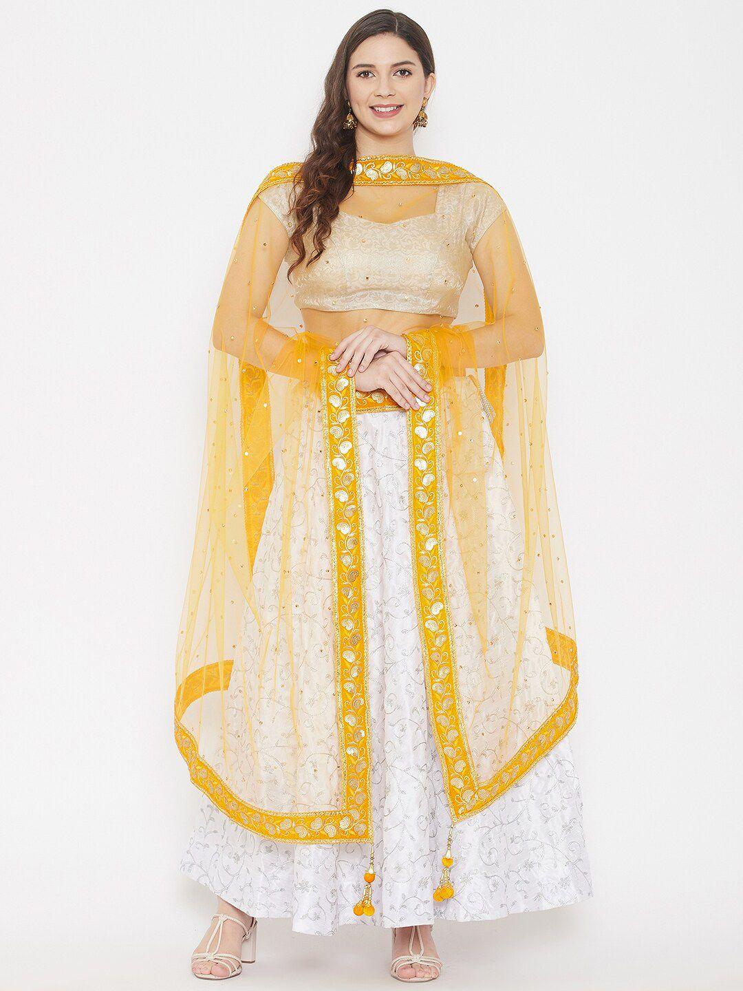 clora creation mustard & gold-toned ethnic motifs dupatta with sequinned