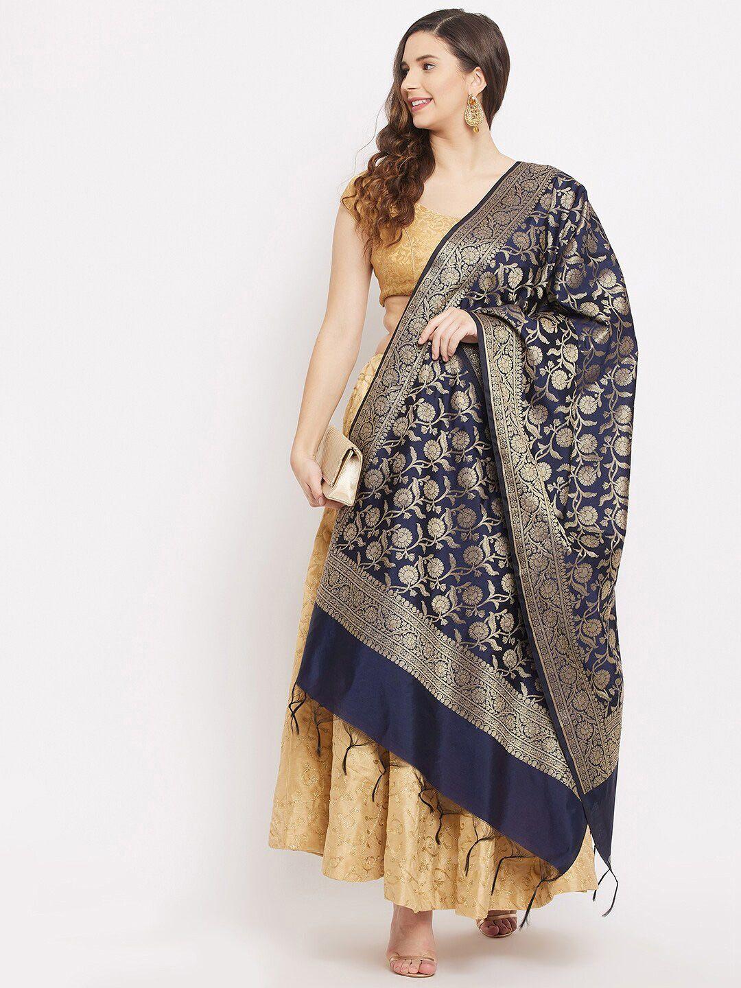 clora creation navy blue & gold ethnic motifs woven design dupatta with zari
