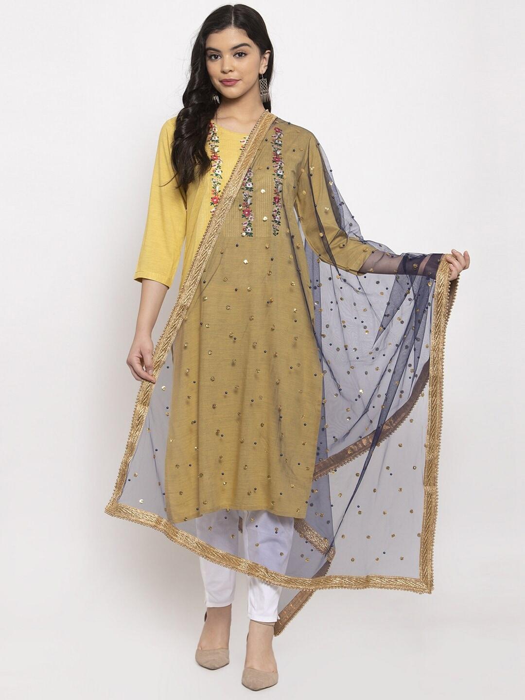 clora creation navy blue & gold-toned ethnic motifs embroidered dupatta with sequinned