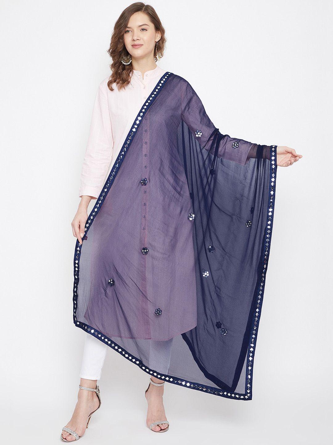 clora creation navy blue & silver-toned solid dupatta