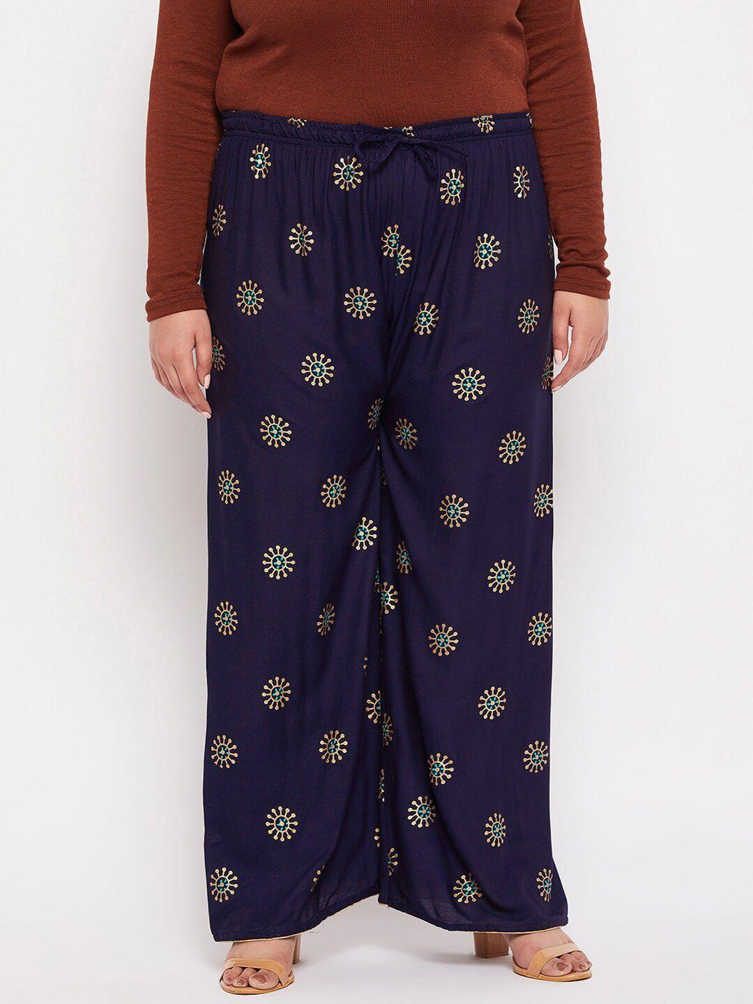 clora creation plus women navy blue & gold-toned floral printed palazzos