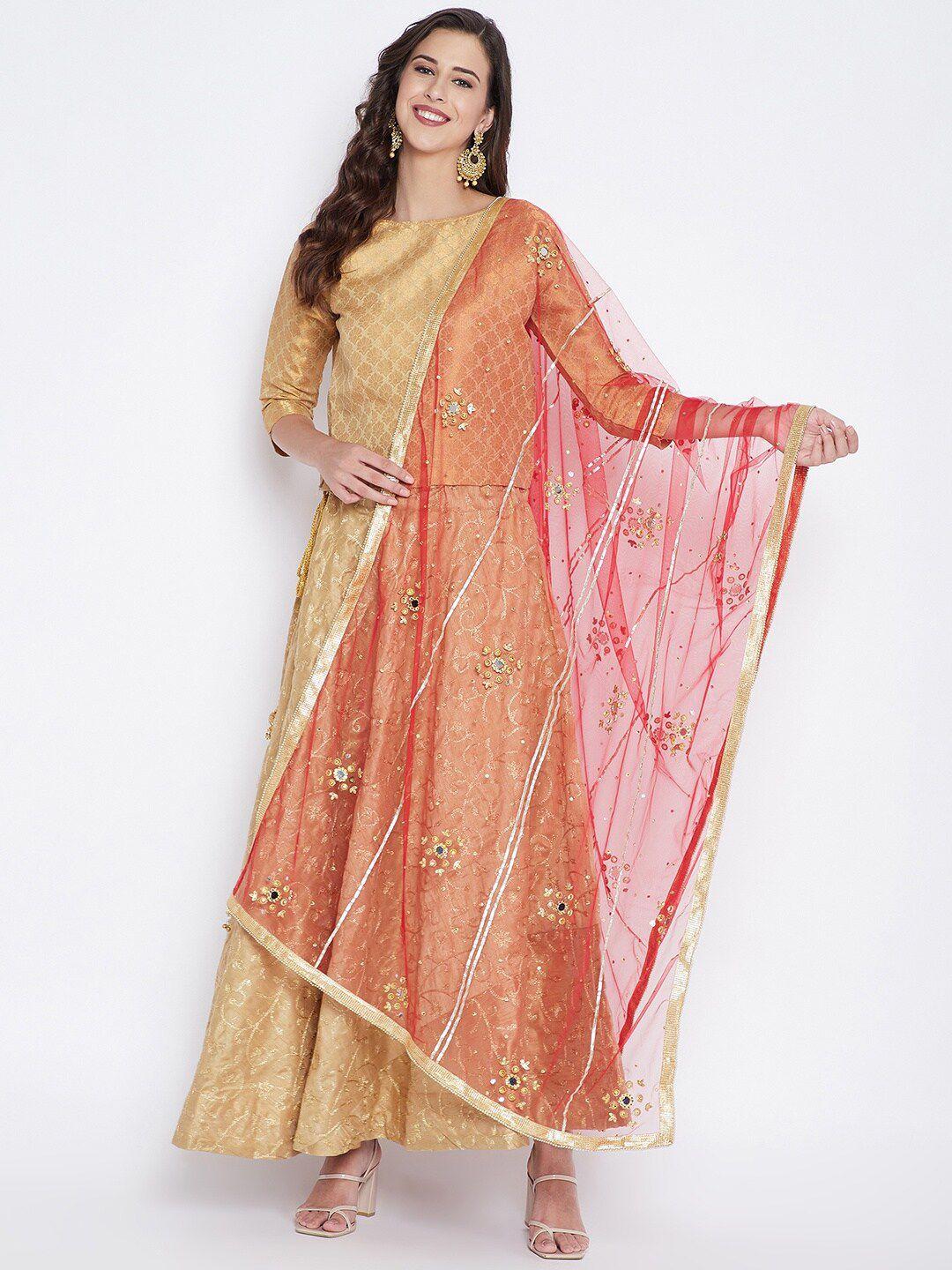 clora creation red & gold-coloured embroidered dupatta with sequinned
