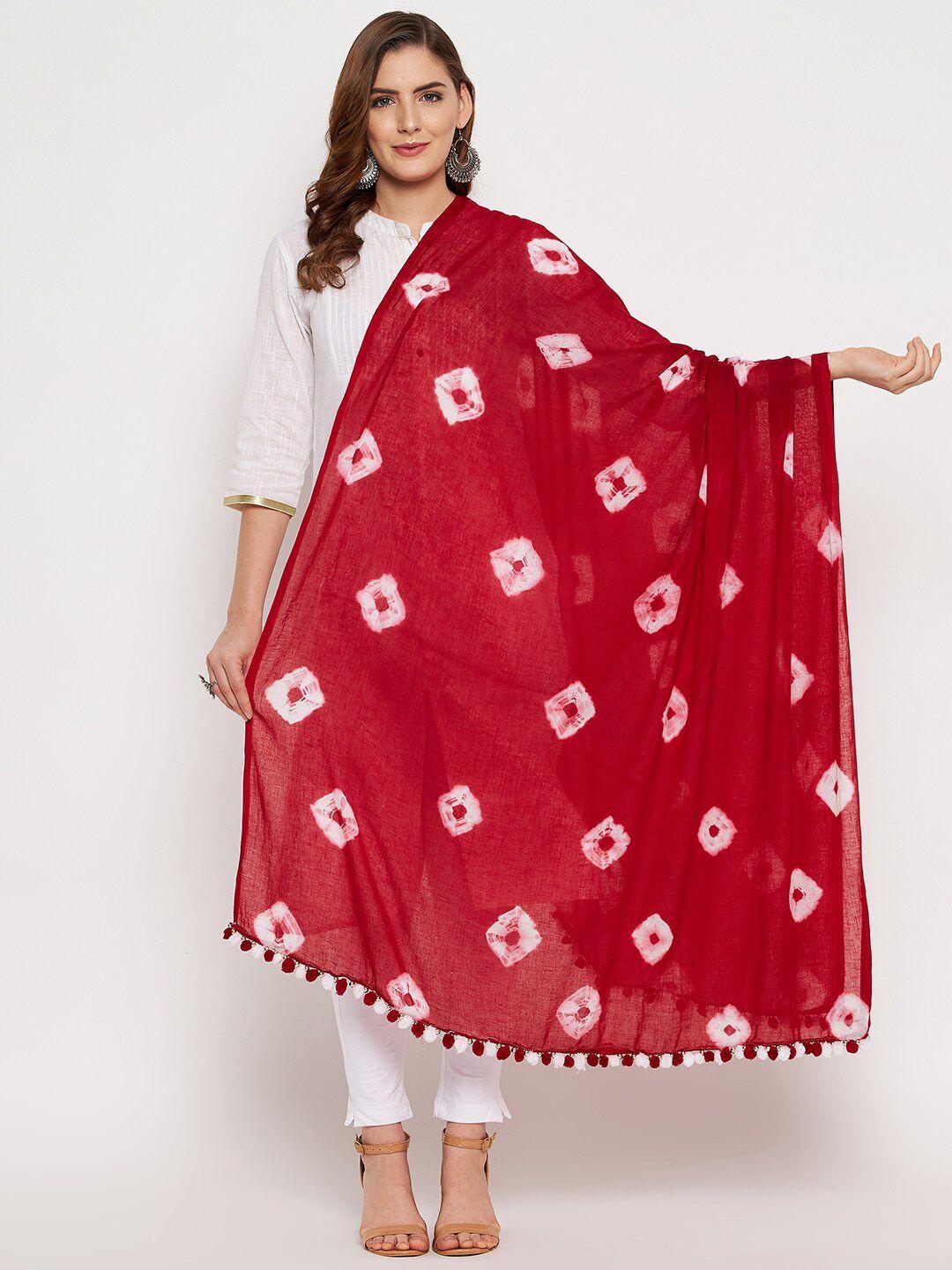 clora creation red & white printed pure cotton tie and dye dupatta