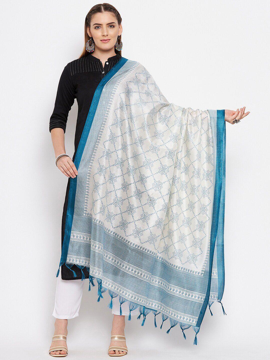 clora creation teal & white ethnic motifs printed dupatta