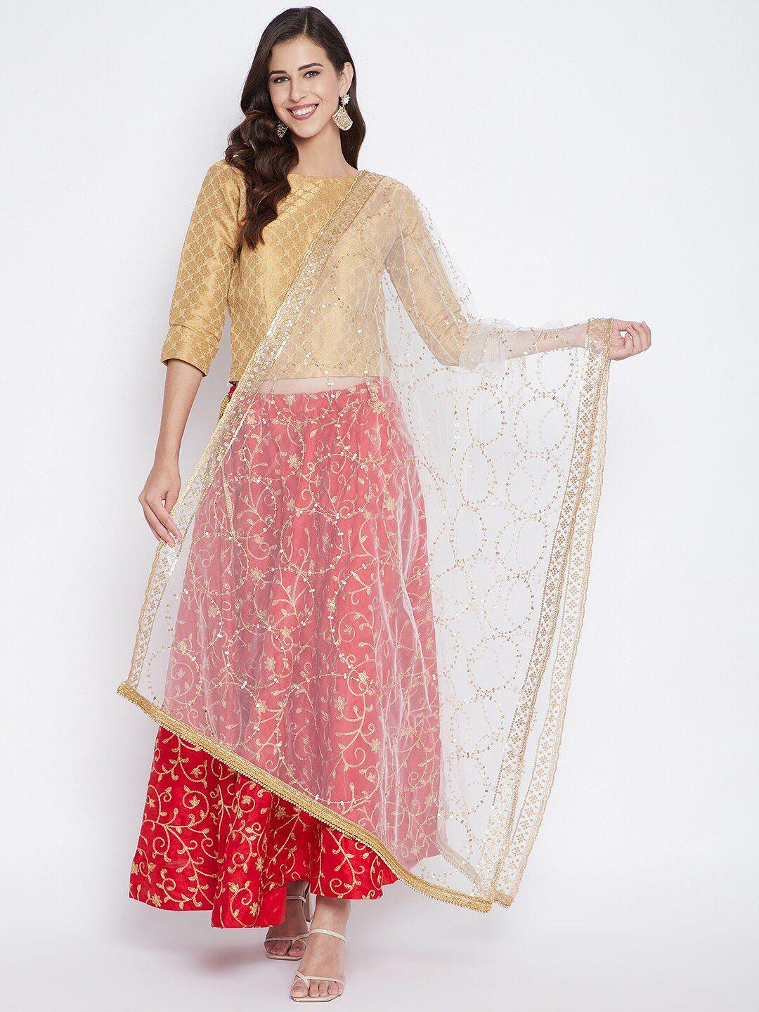 clora creation white embroidered dupatta with sequinned