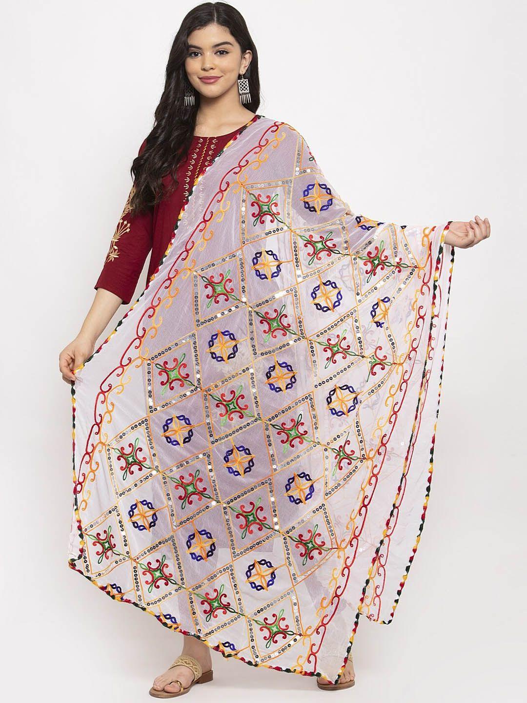 clora creation white embroidered dupatta