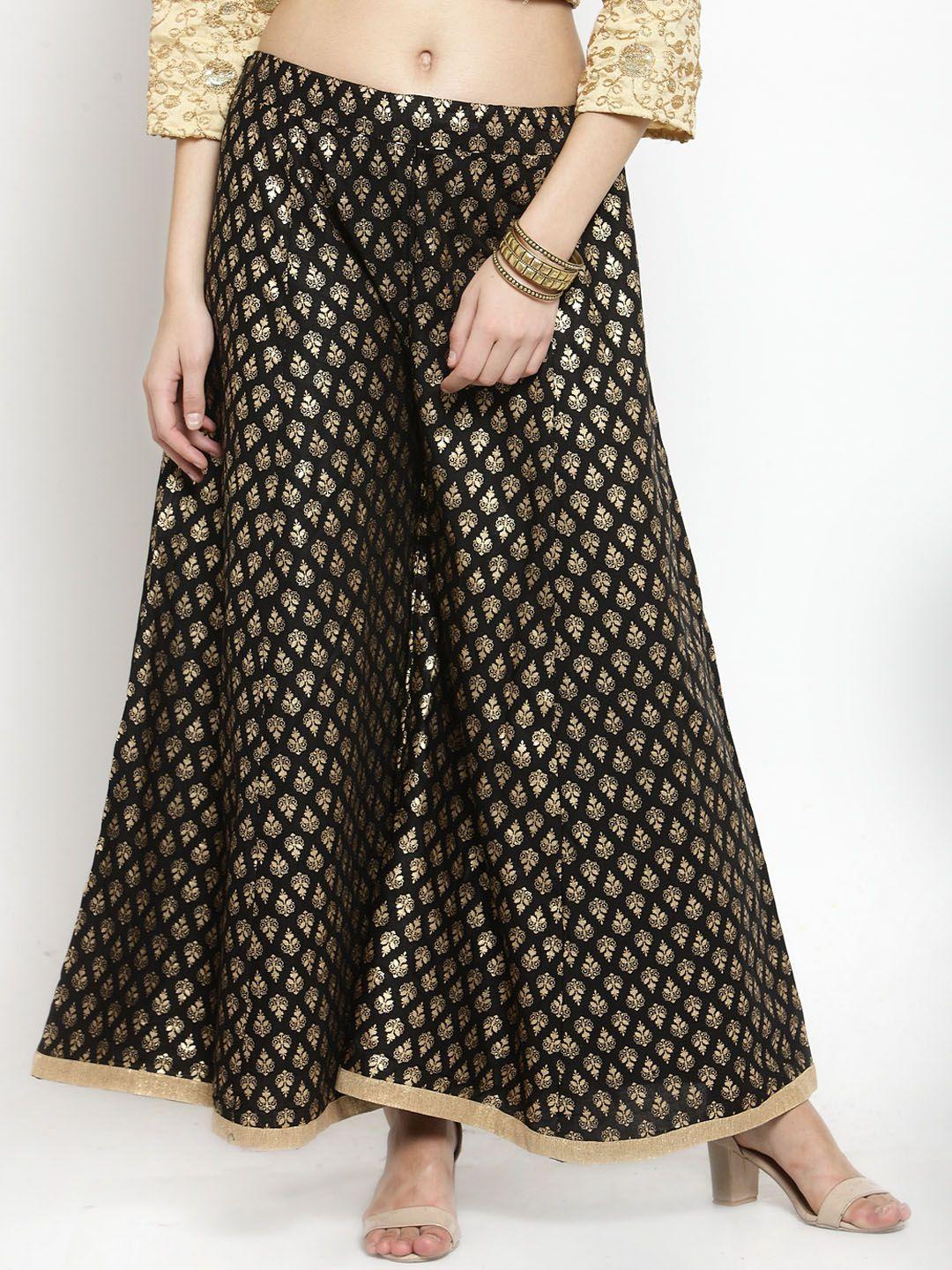 clora creation women black & gold-coloured printed flared palazzos
