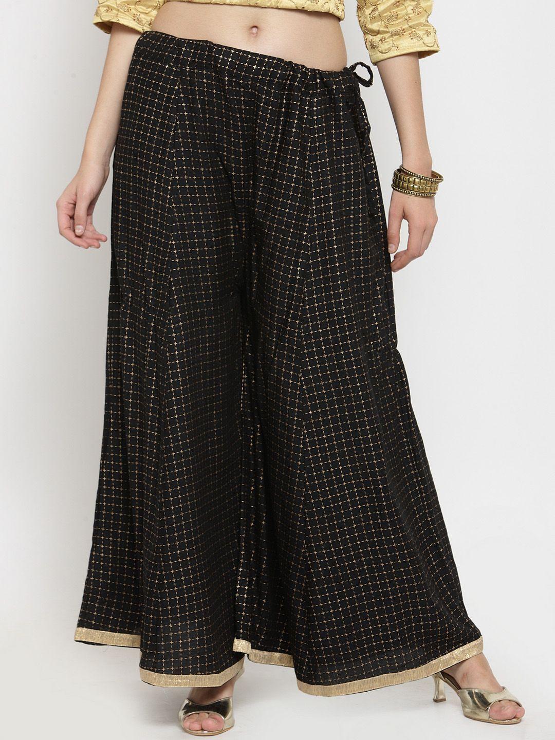 clora creation women black & gold-coloured printed flared palazzos