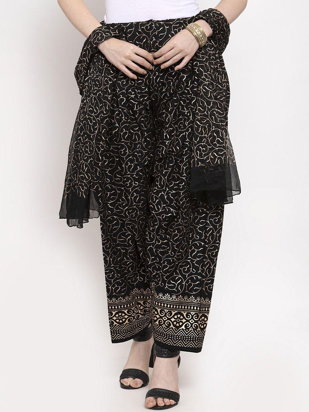 clora creation women black & gold-coloured printed loose-fit salwar dupatta set