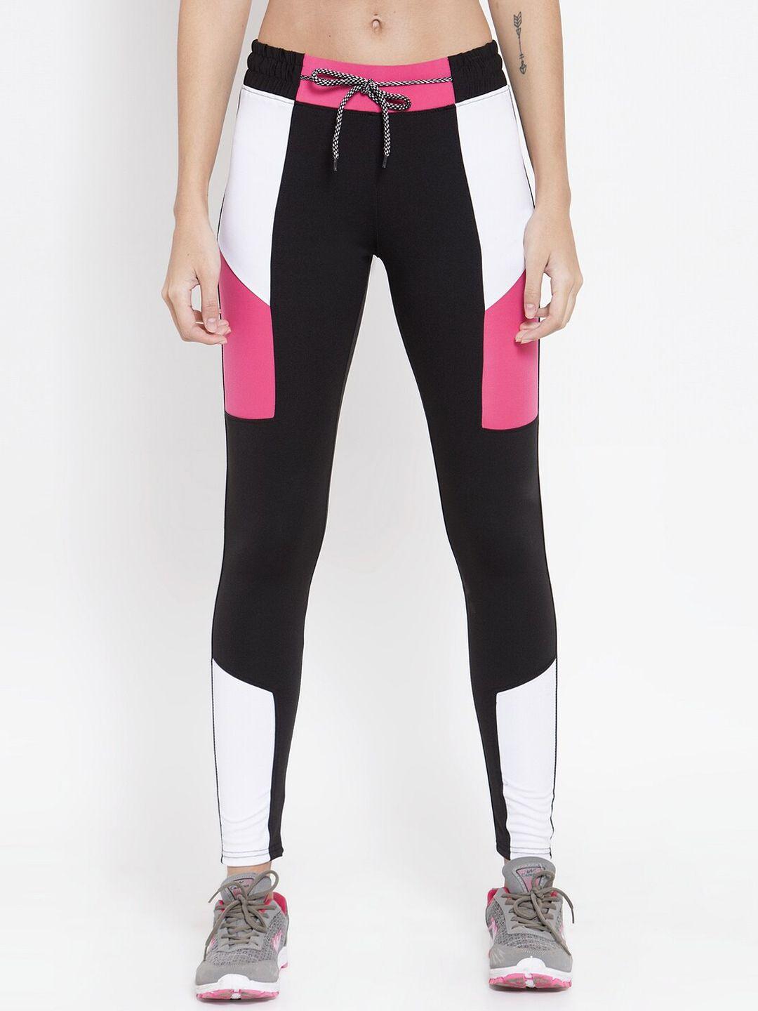 clora creation women black & pink colourblocked slim-fit training tights